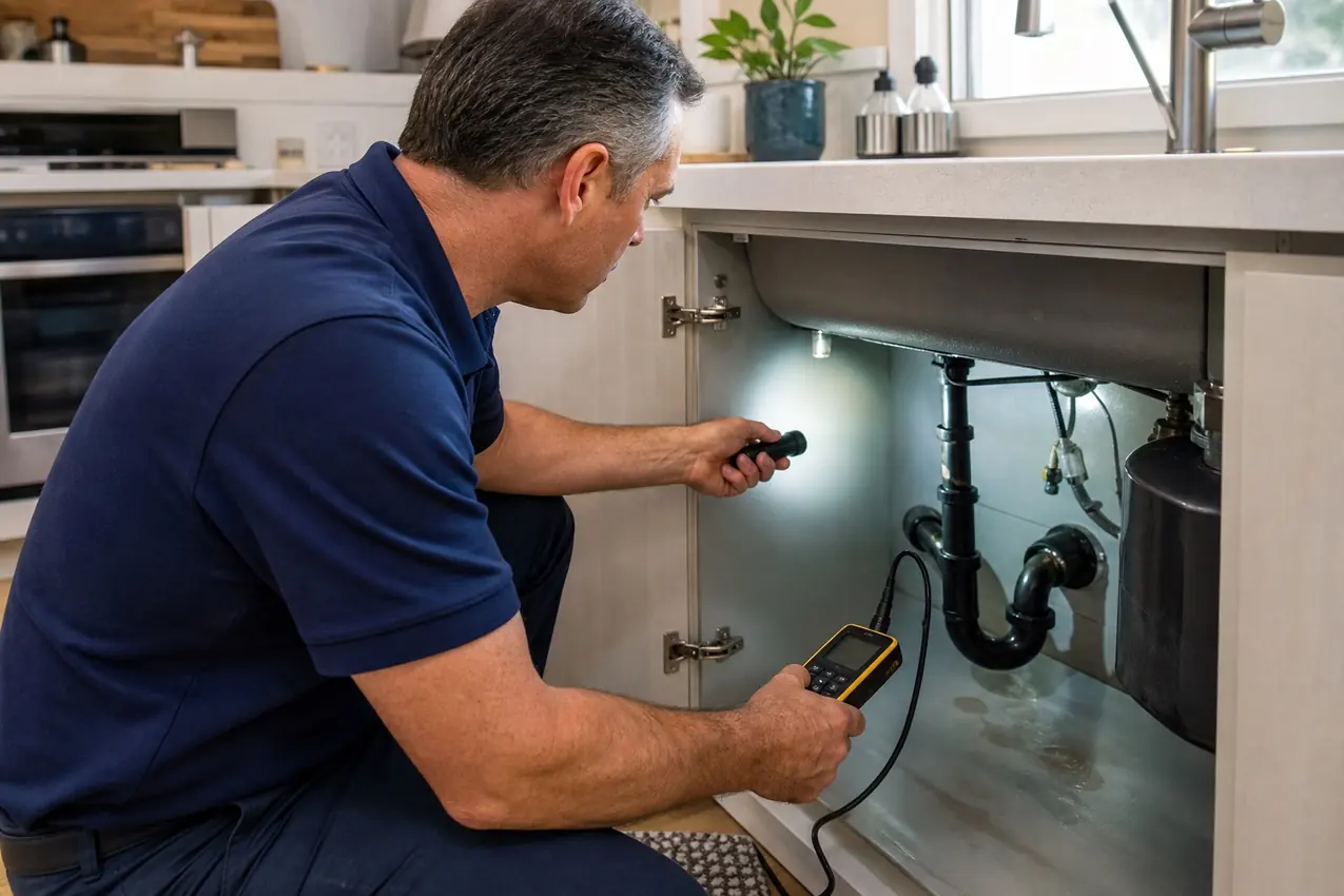 Water leak detection technician inspecting plumbing beneath a kitchen sink in Los Angeles