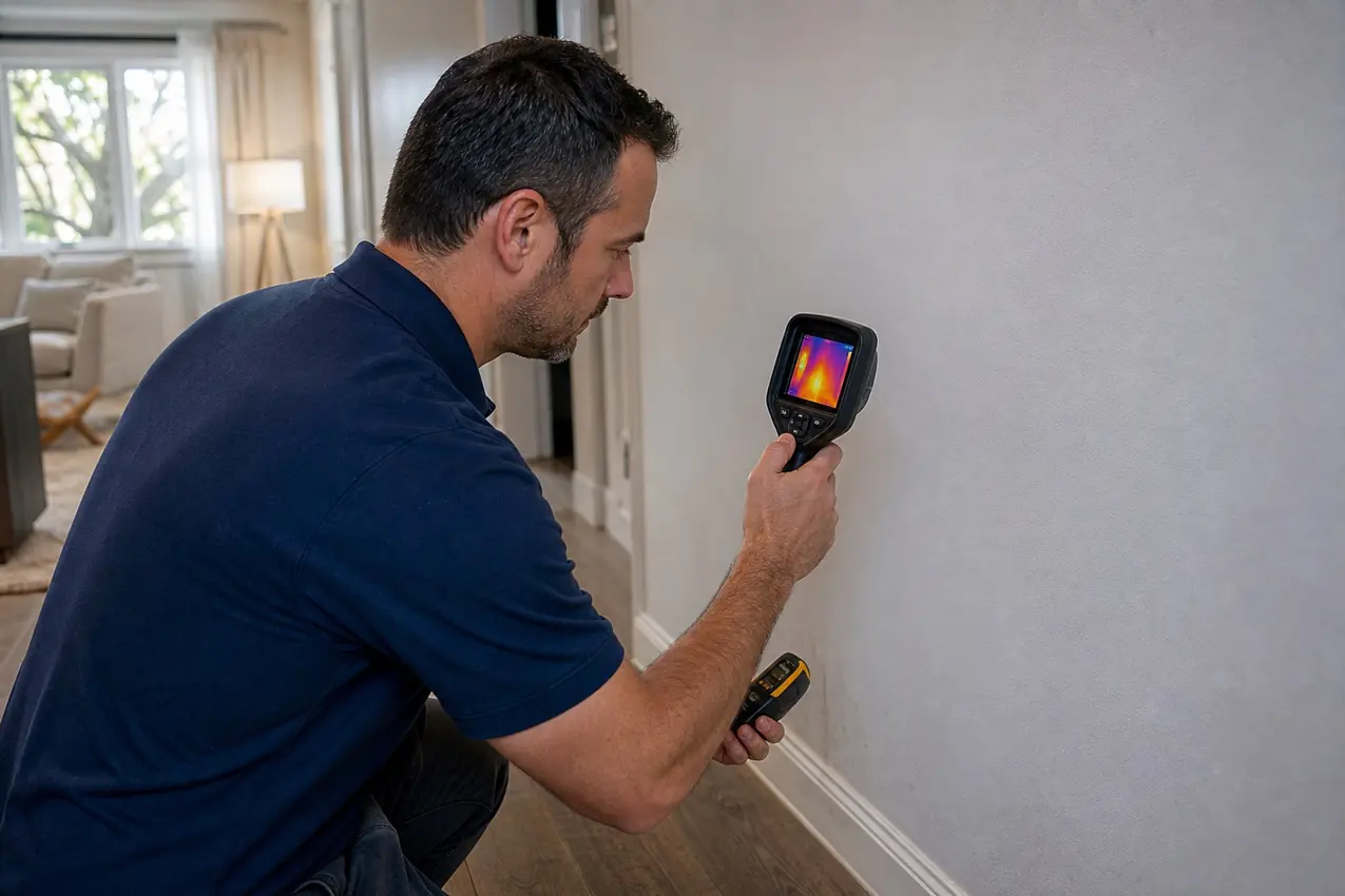 Water leak detection technician using a thermal camera on an interior wall in Los Angeles